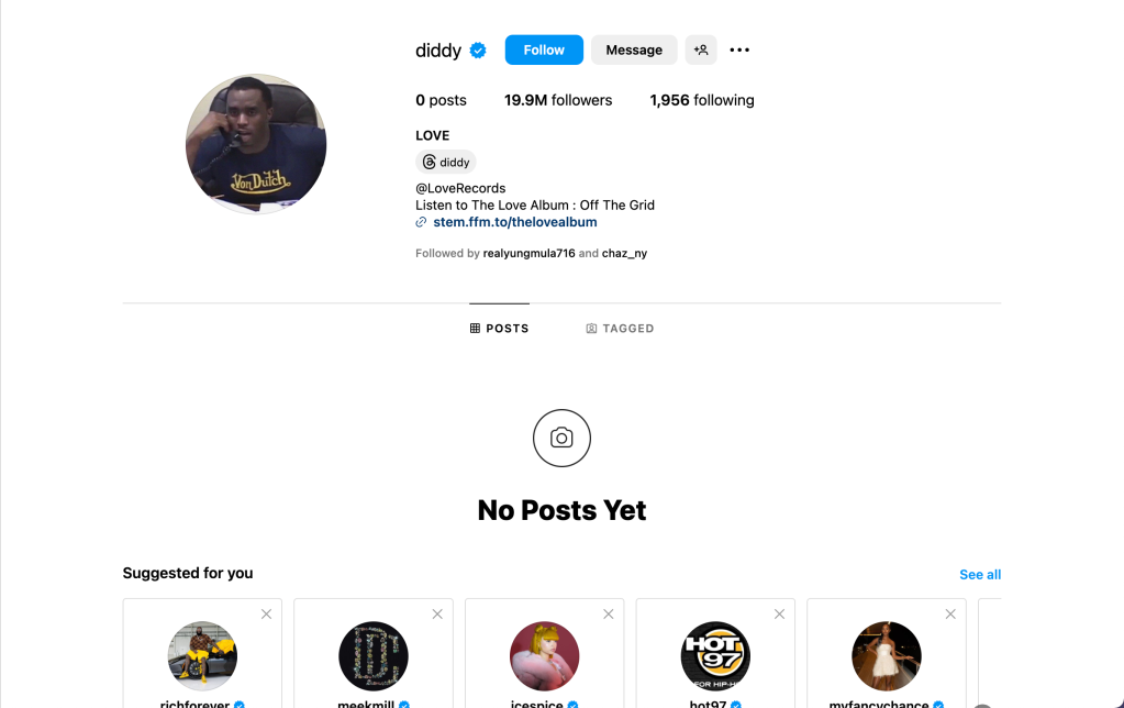 Diddy Hits Reset: Wipes Instagram Clean Amidst Legal Issues
